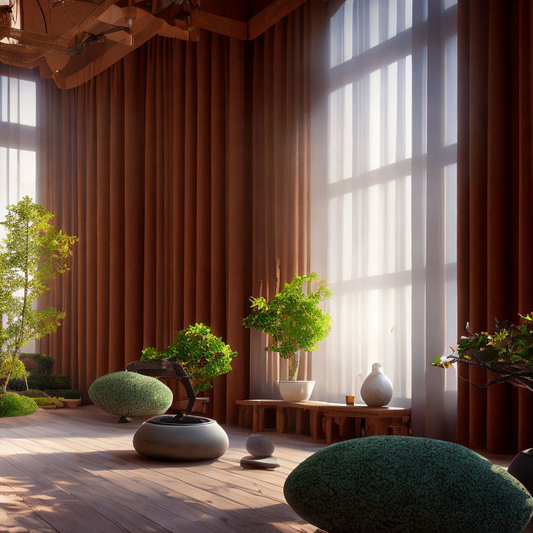 Sunlit indoor space with wooden walls, potted plants, and spherical greenery