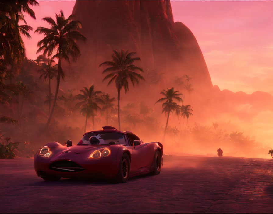 Red sports car on tropical road at sunset with palm trees and mountains in background.