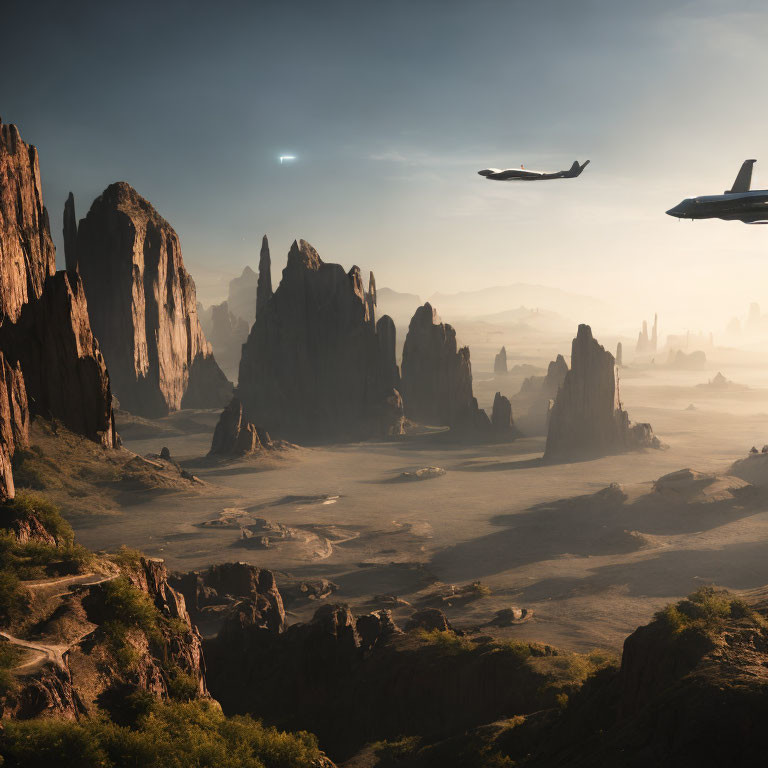 Desert landscape with rock formations and futuristic airplanes