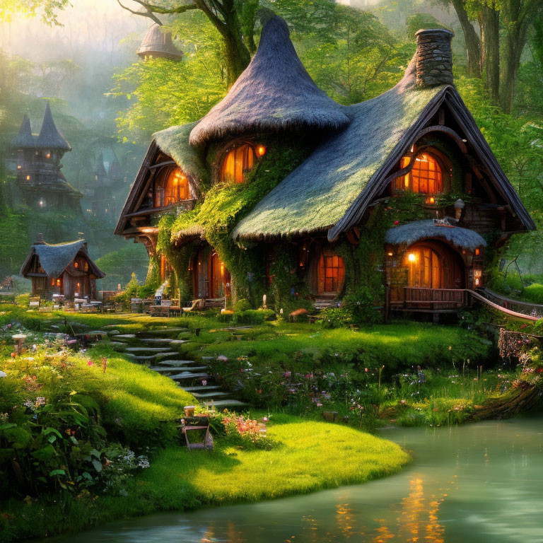 Thatched woodland cottage by serene river in mystical forest