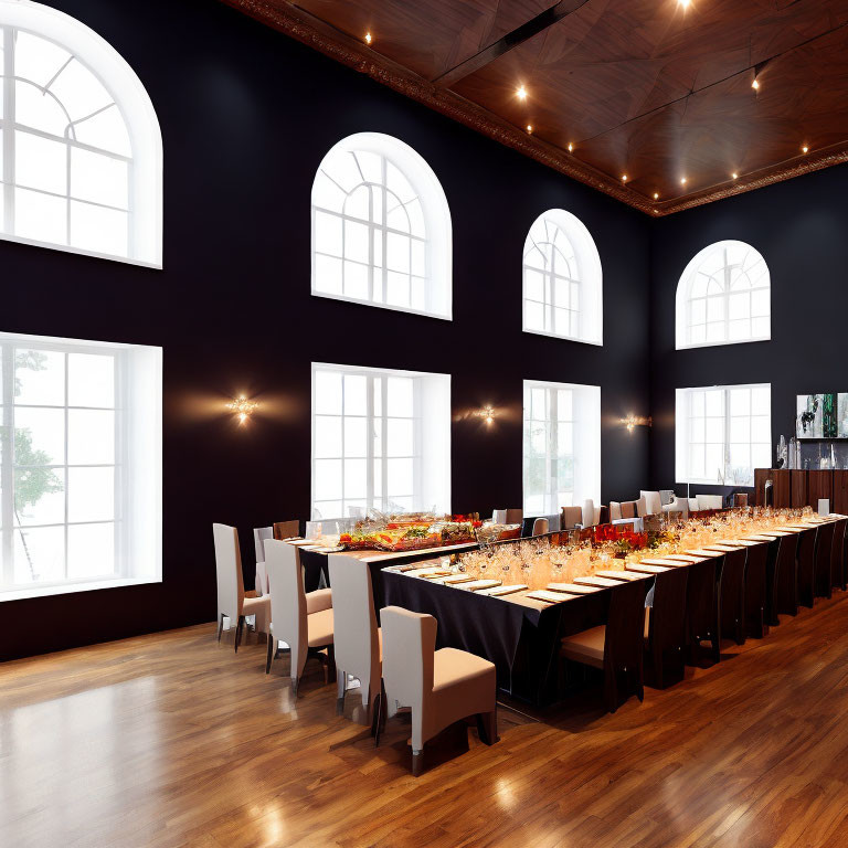 Spacious dining hall with long feast table, arched windows, dark walls, and hardwood floor under