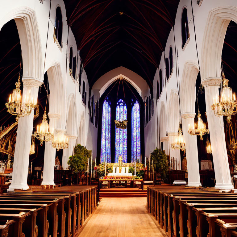 Ornate Church Interior with Wooden Pews and Altar