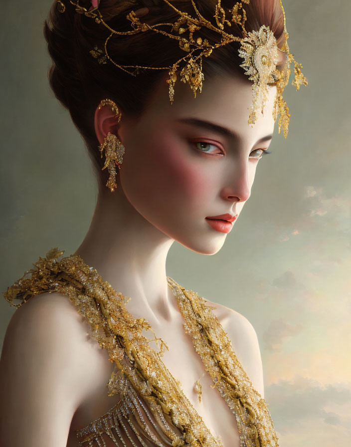 Portrait of woman with stylized makeup and gold jewelry on soft background