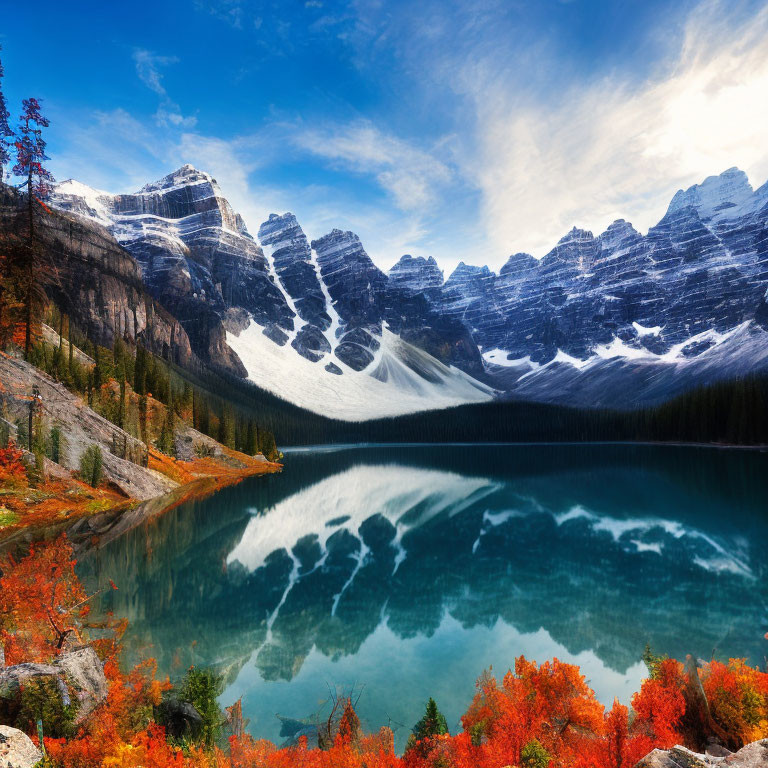 Scenic Mountain Lake with Snowy Peaks and Autumn Foliage