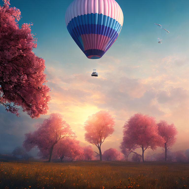 Hot air balloon over pink tree meadow at sunset