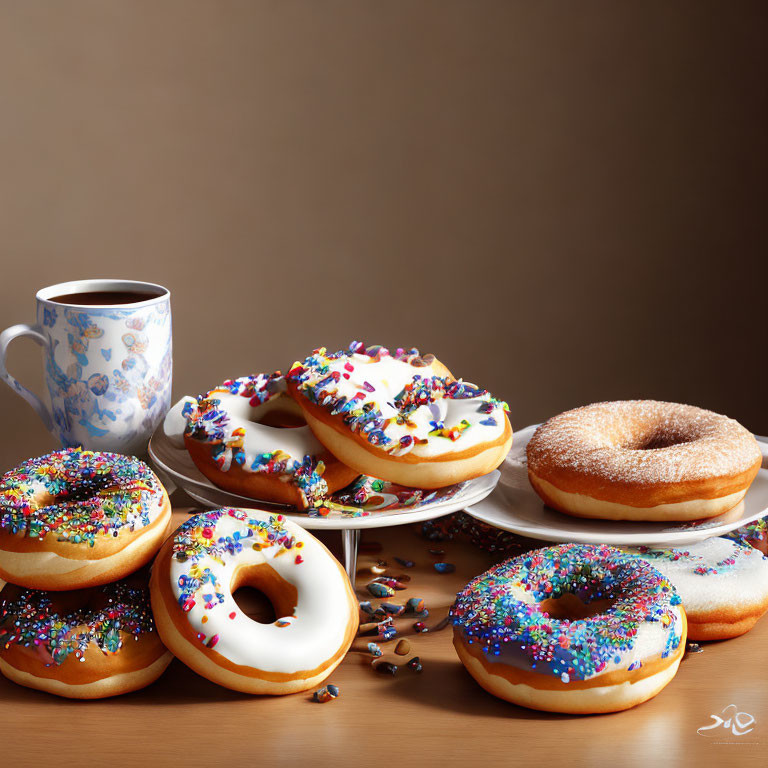 Assorted colorful sprinkle donuts on plate with coffee cup, wooden table