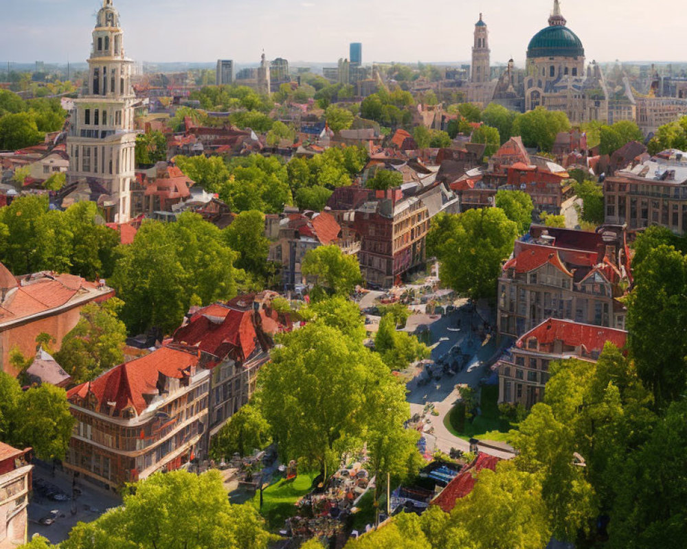 Vibrant cityscape with classical European architecture and busy street scene