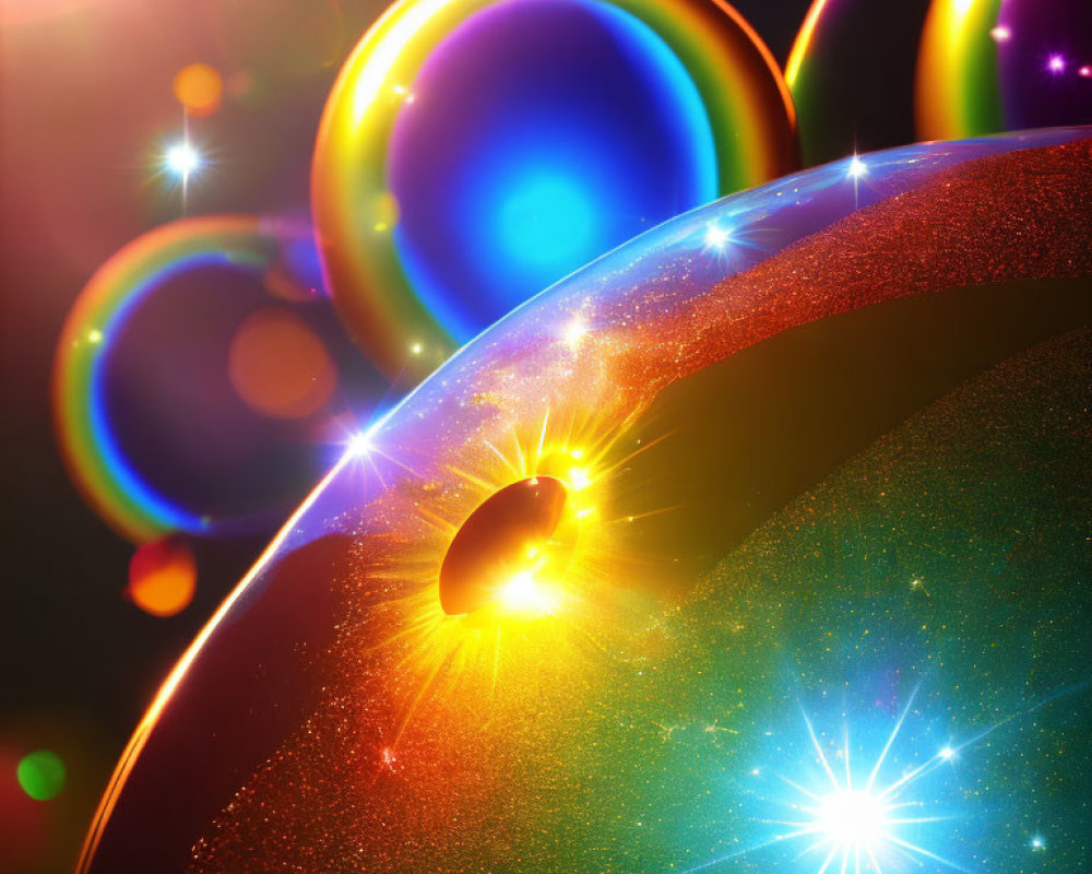 Vibrant Soap Bubbles Reflecting Spectrum Colors on Dark Background