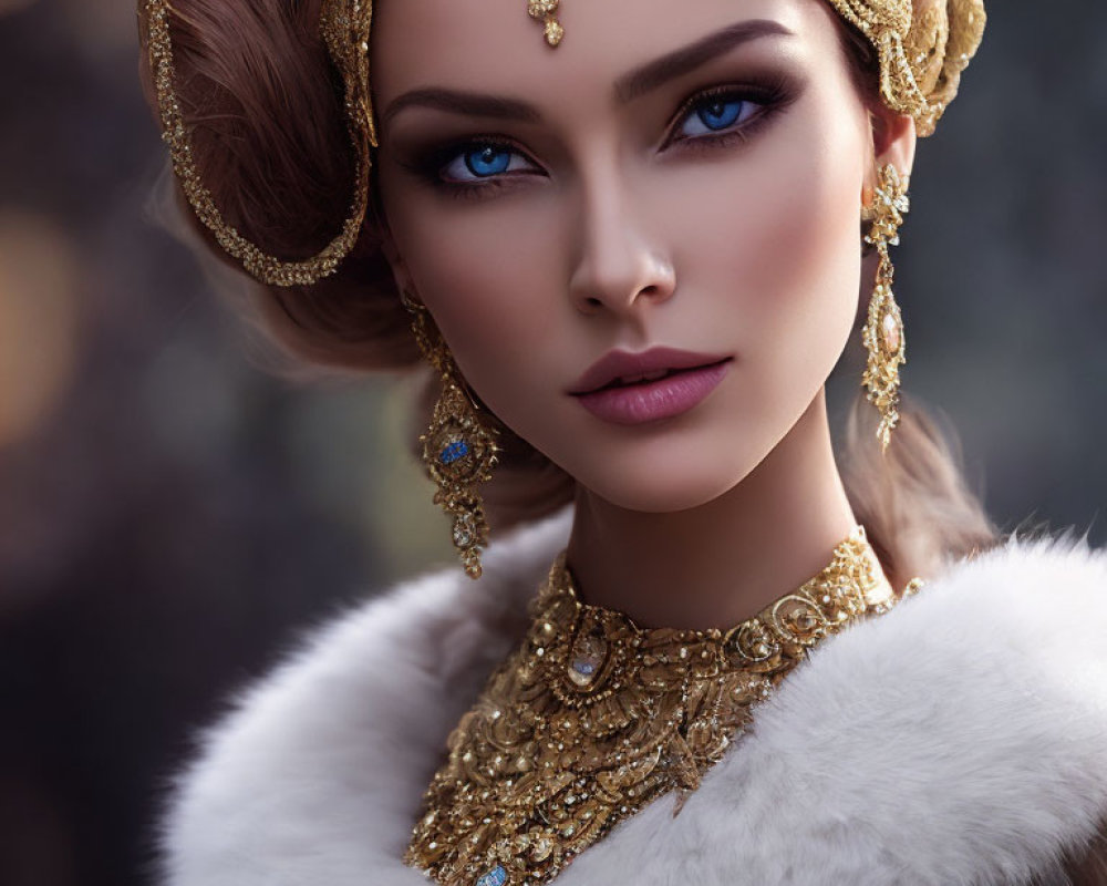 Elegant woman adorned in golden jewelry and fur clothing