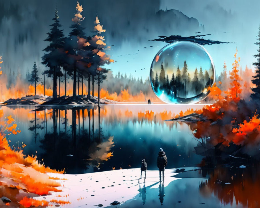 Two individuals by lake with surreal sphere reflecting a forest and autumn trees.