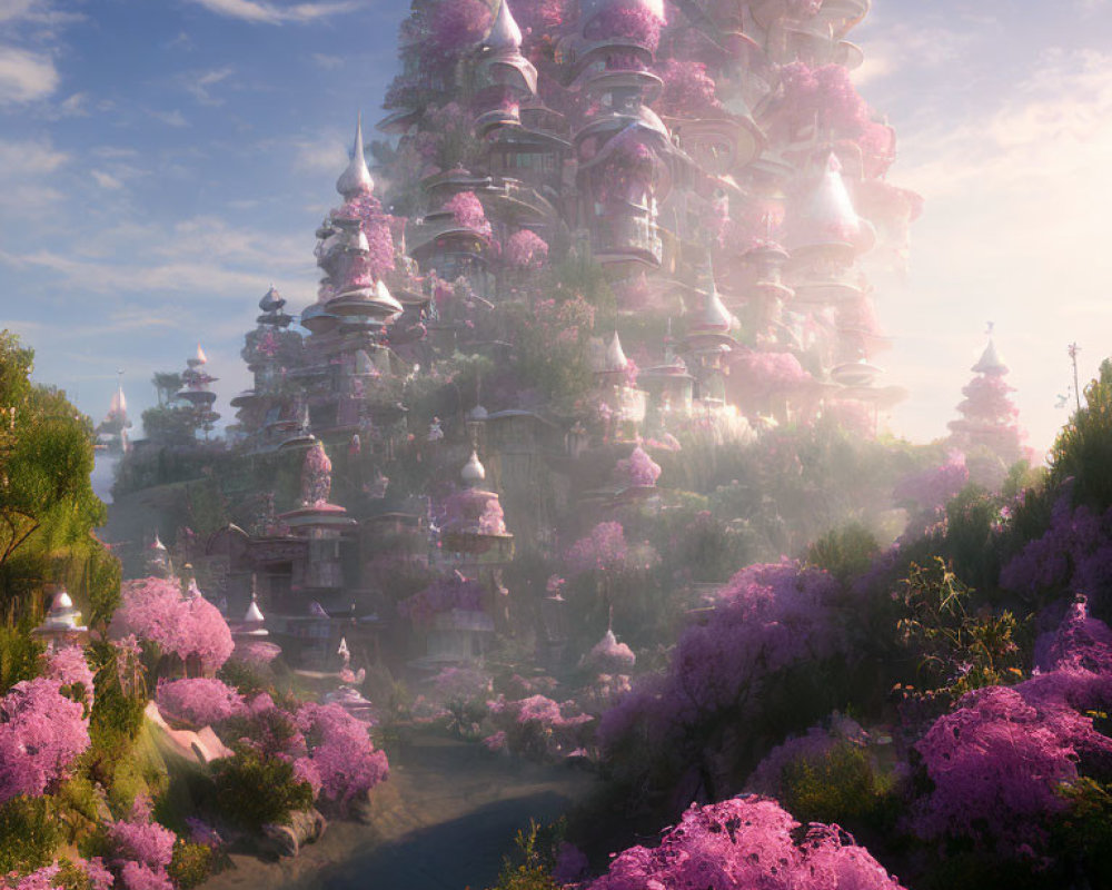 Fantastical Pink and Purple Tower in Misty Landscape