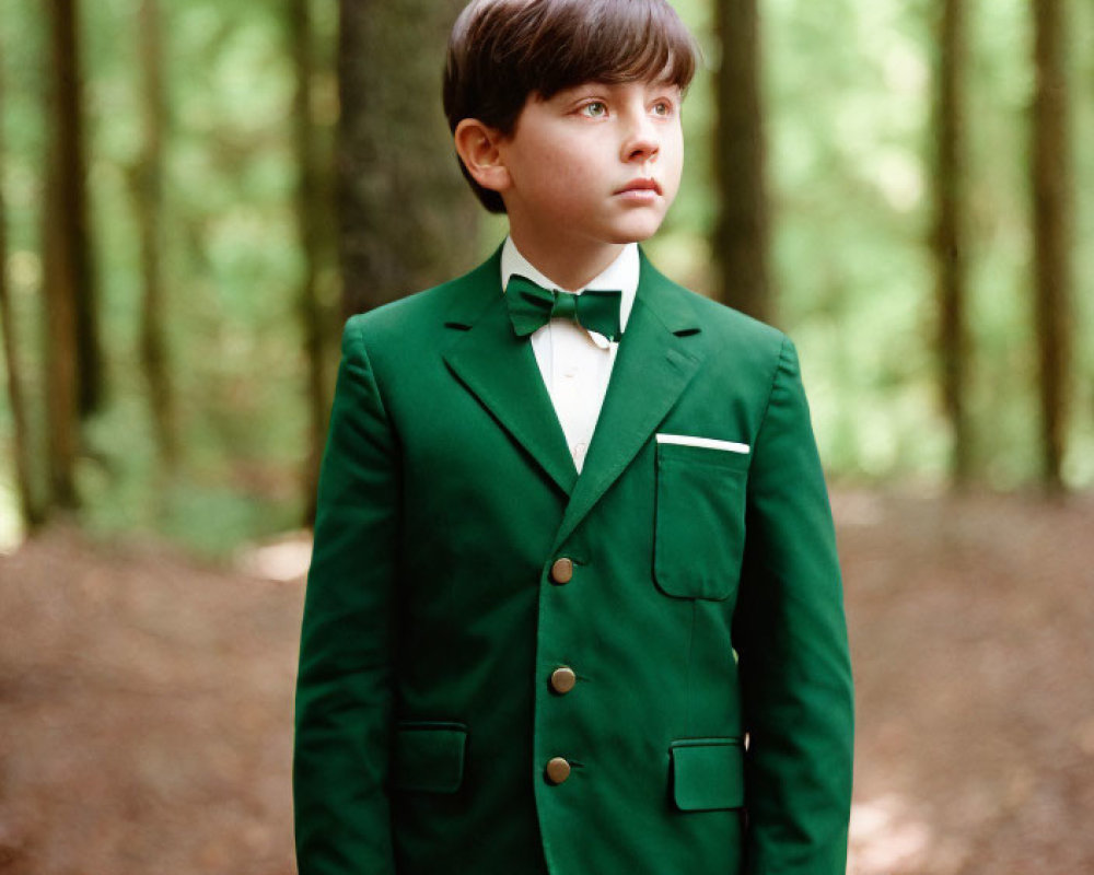 Young boy in green suit and bow tie in forest setting