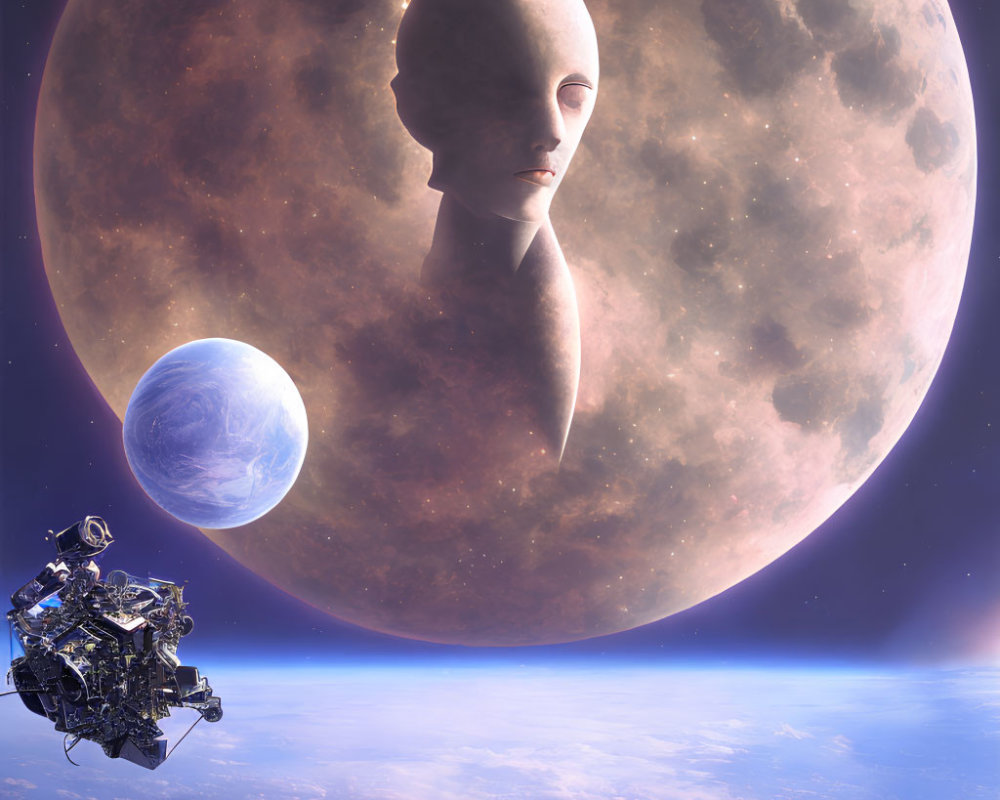 Giant Bald Humanoid Head Over Barren Planet with Satellite