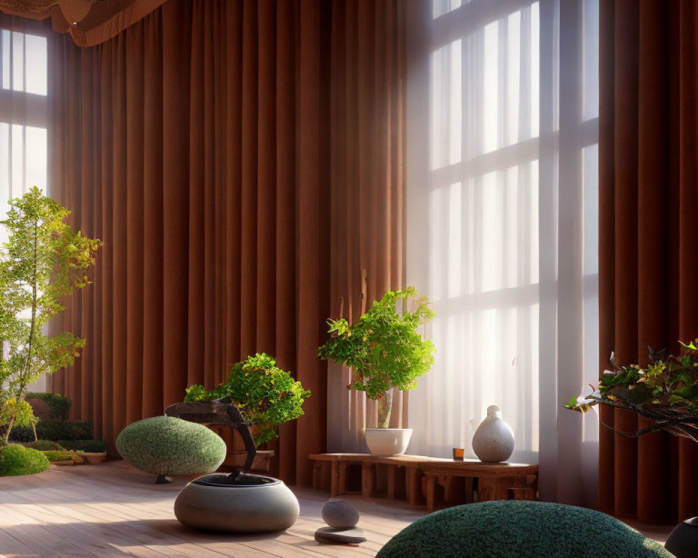 Sunlit indoor space with wooden walls, potted plants, and spherical greenery