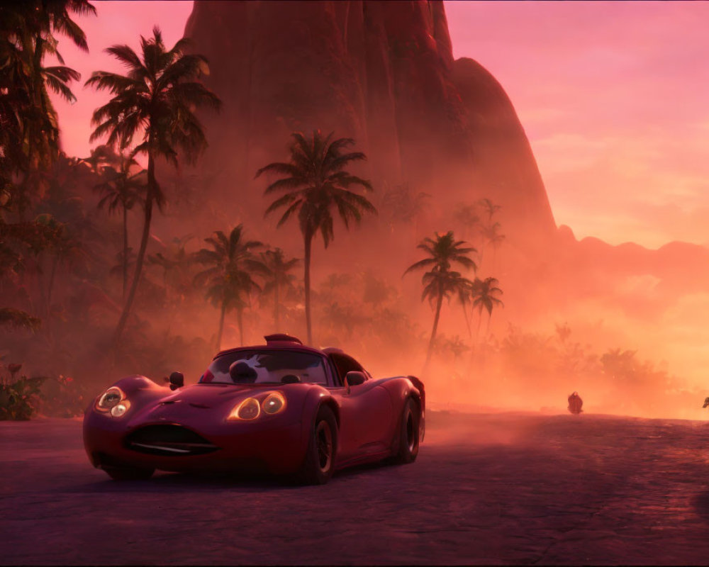 Red sports car on tropical road at sunset with palm trees and mountains in background.