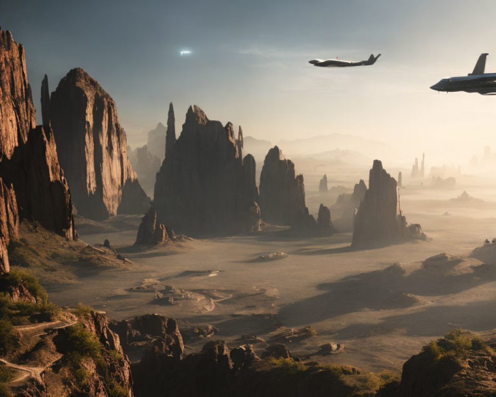 Desert landscape with rock formations and futuristic airplanes