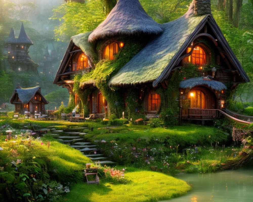 Thatched woodland cottage by serene river in mystical forest