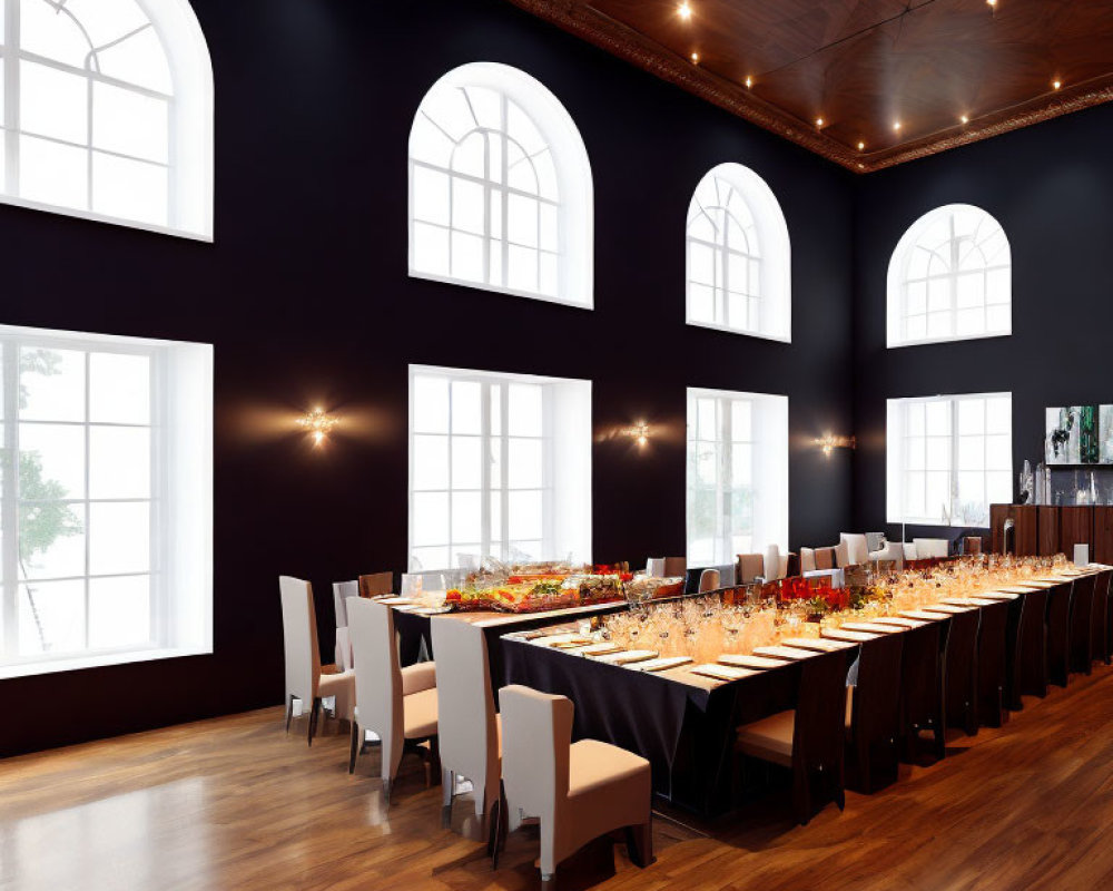 Spacious dining hall with long feast table, arched windows, dark walls, and hardwood floor under