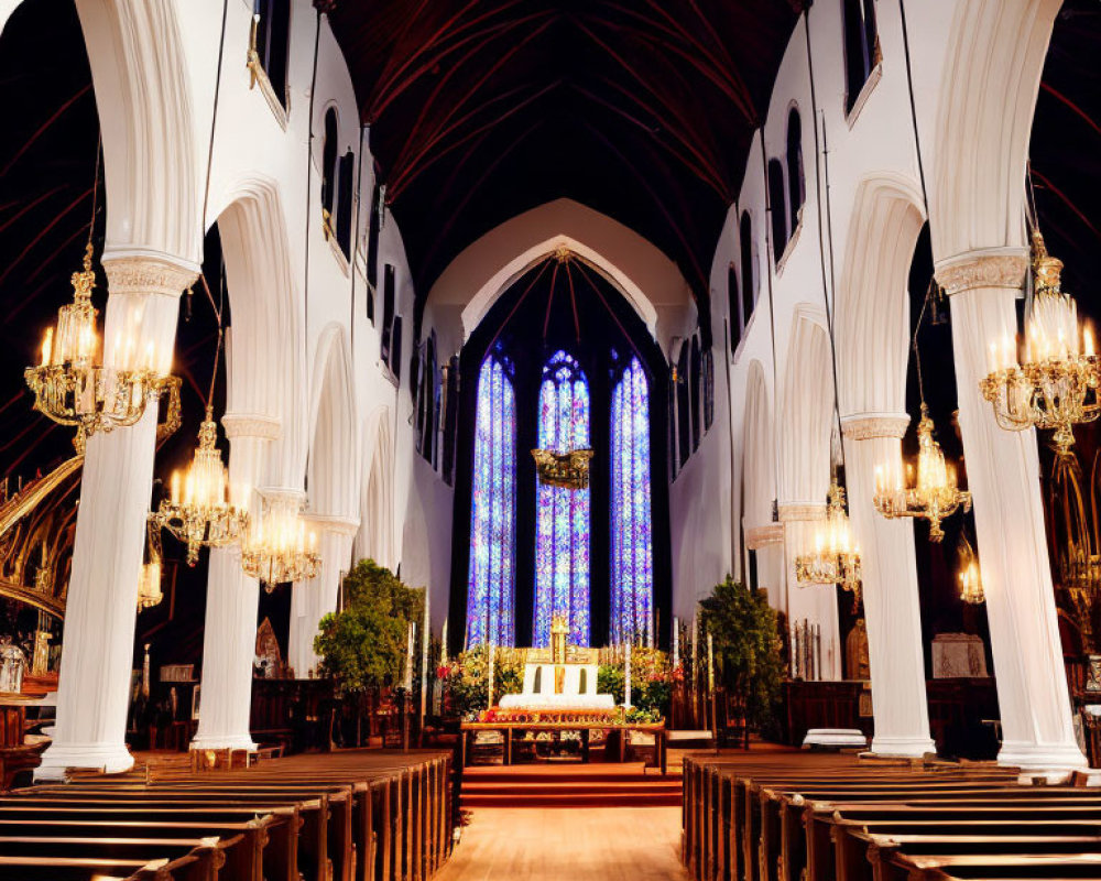 Ornate Church Interior with Wooden Pews and Altar