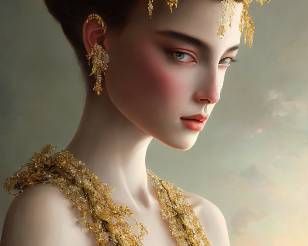 Portrait of woman with stylized makeup and gold jewelry on soft background