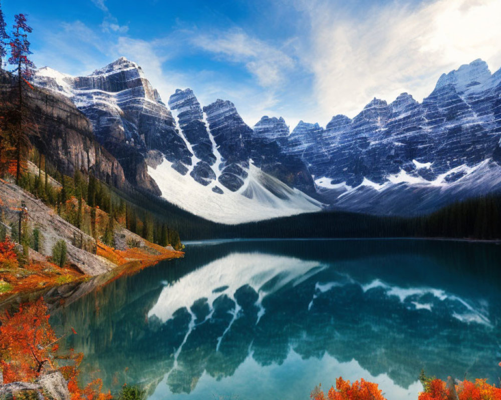 Scenic Mountain Lake with Snowy Peaks and Autumn Foliage