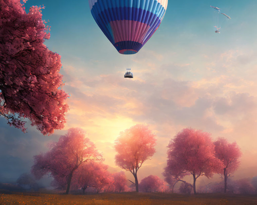 Hot air balloon over pink tree meadow at sunset