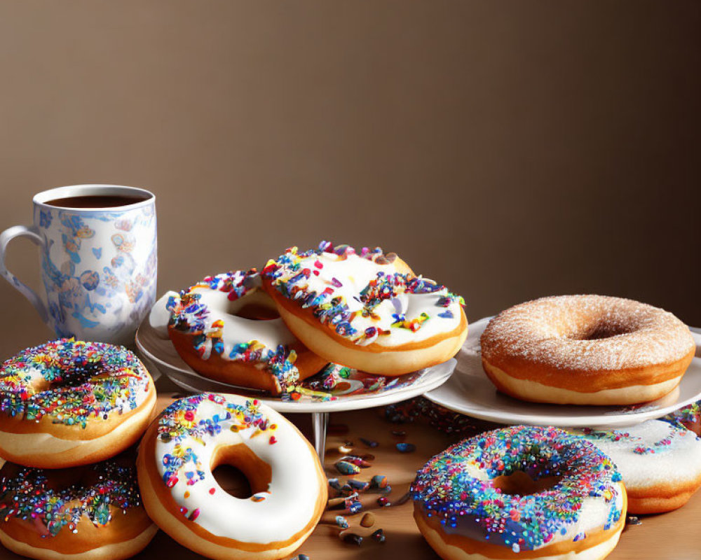 Assorted colorful sprinkle donuts on plate with coffee cup, wooden table