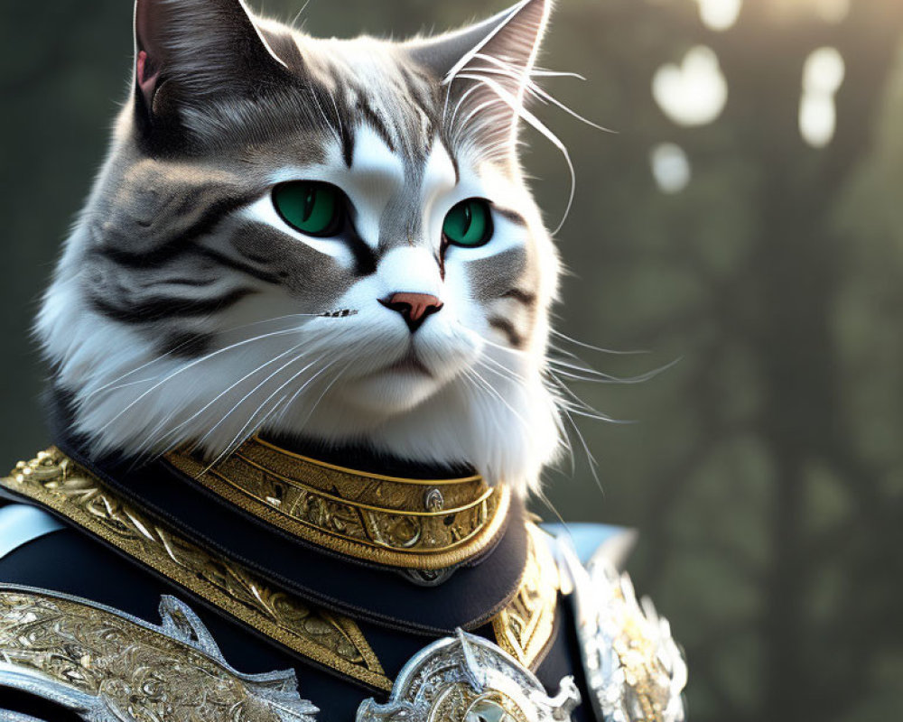 Majestic cat in ornate armor with green eyes in soft light