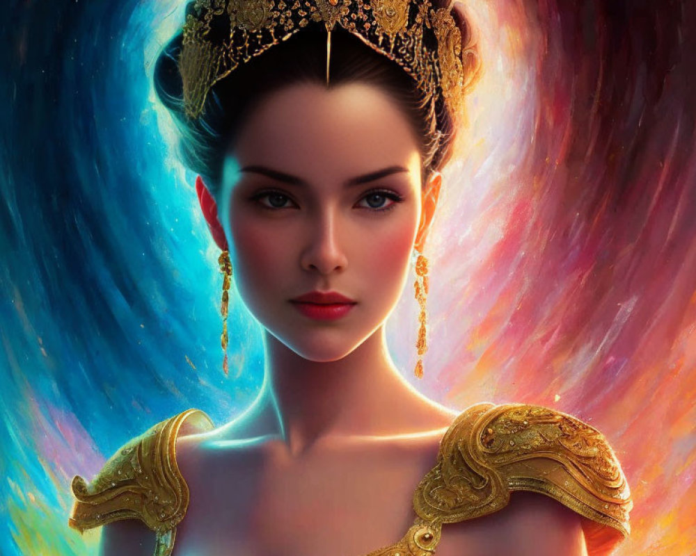 Woman portrait with golden crown and cosmic backdrop.