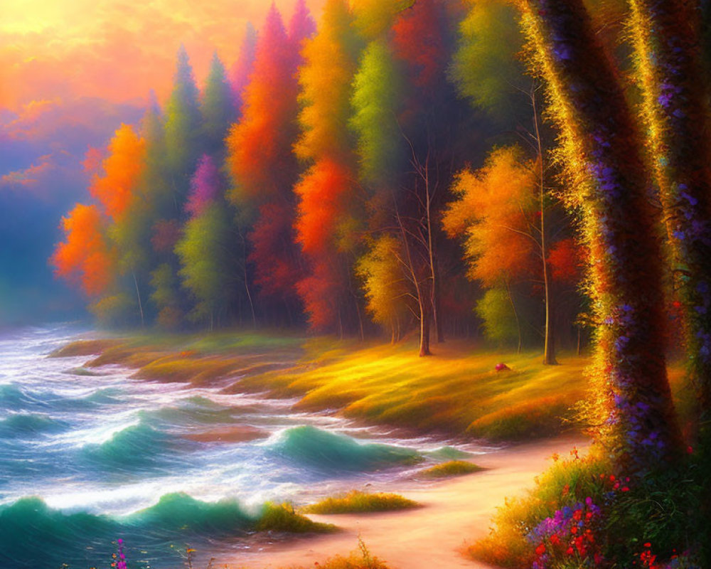 Colorful Autumn Forest and River Scene in Warm Light