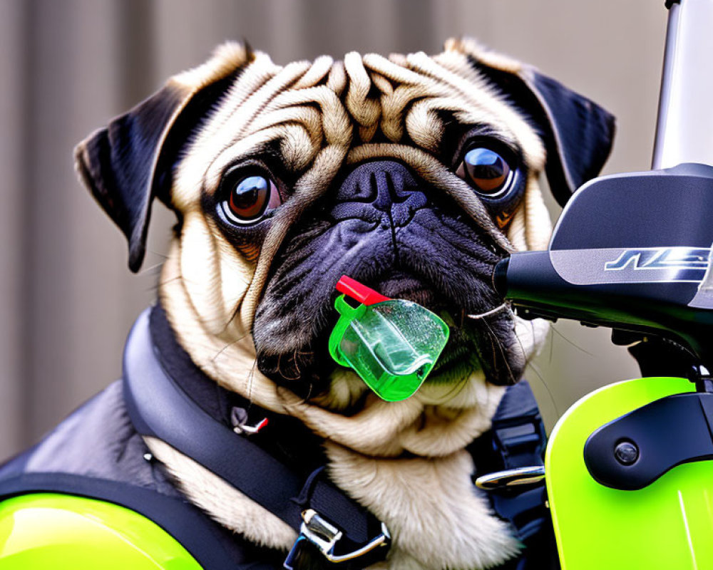 Pug dog with green pacifier beside neon green bike with "JLL" inscription