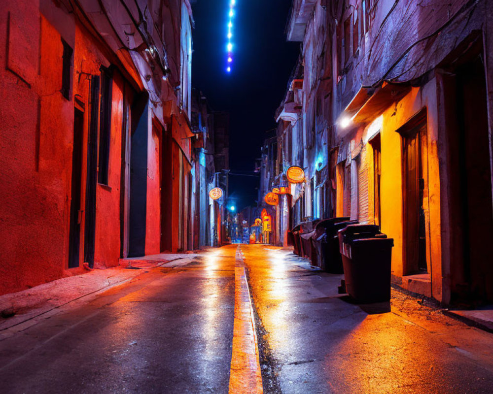 Neon-lit alleyway at night with wet cobblestone path