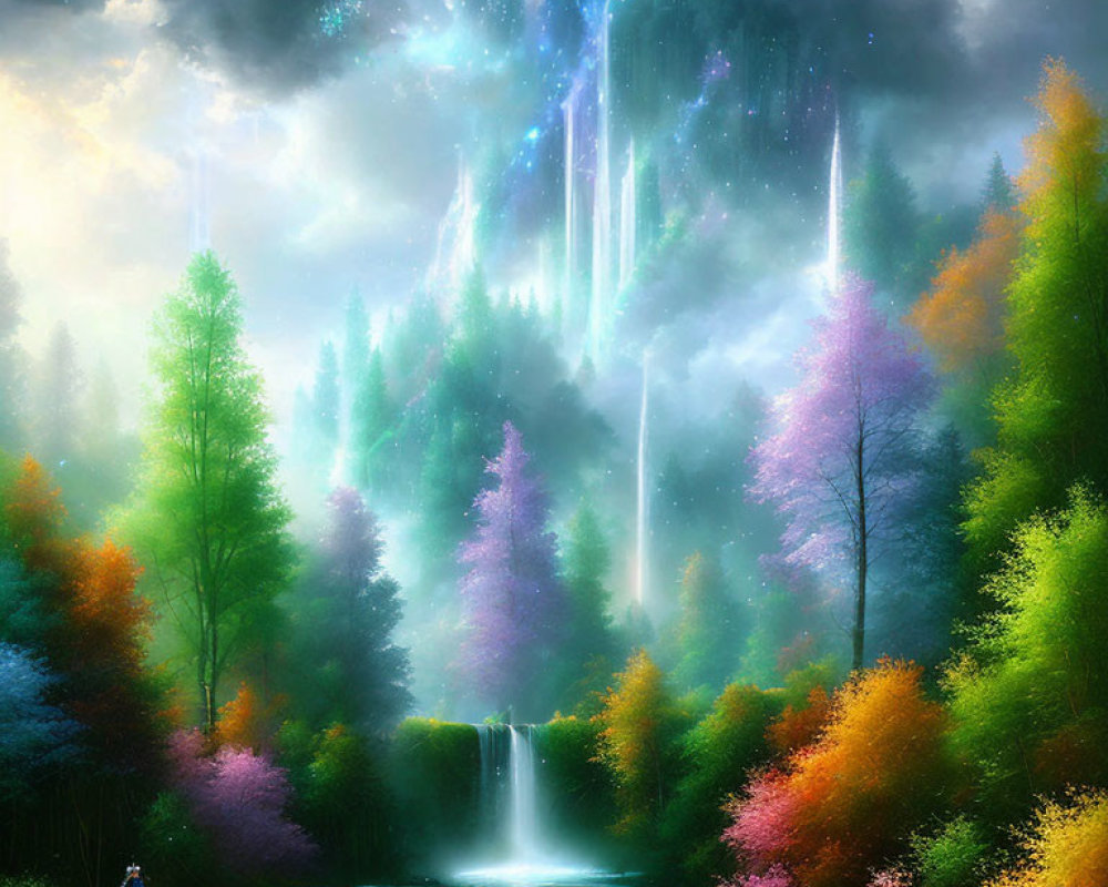 Colorful landscape with waterfall, pond, and northern lights.