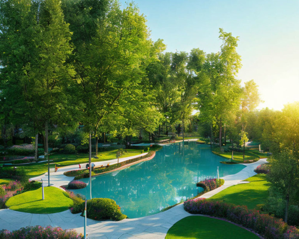 Tranquil Park Scene with Green Trees, Blue Pond, and Flower Beds