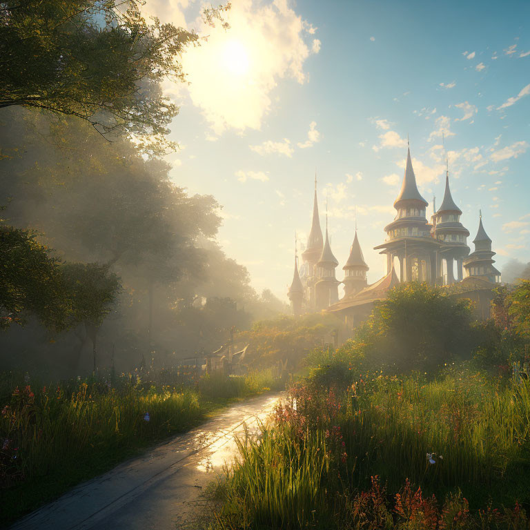 Enchanting fairytale castle in sunlit forest with winding path