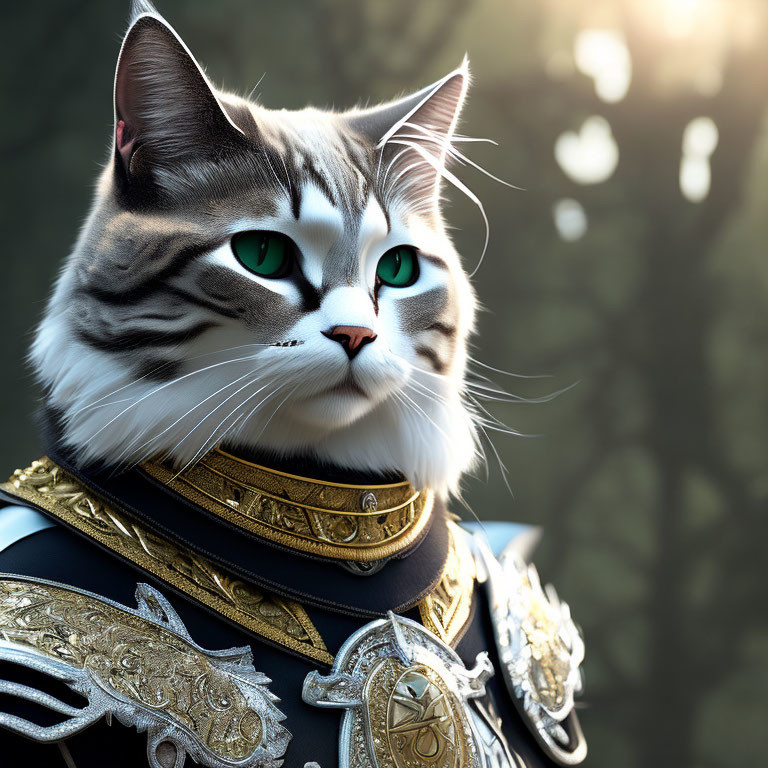 Majestic cat in ornate armor with green eyes in soft light