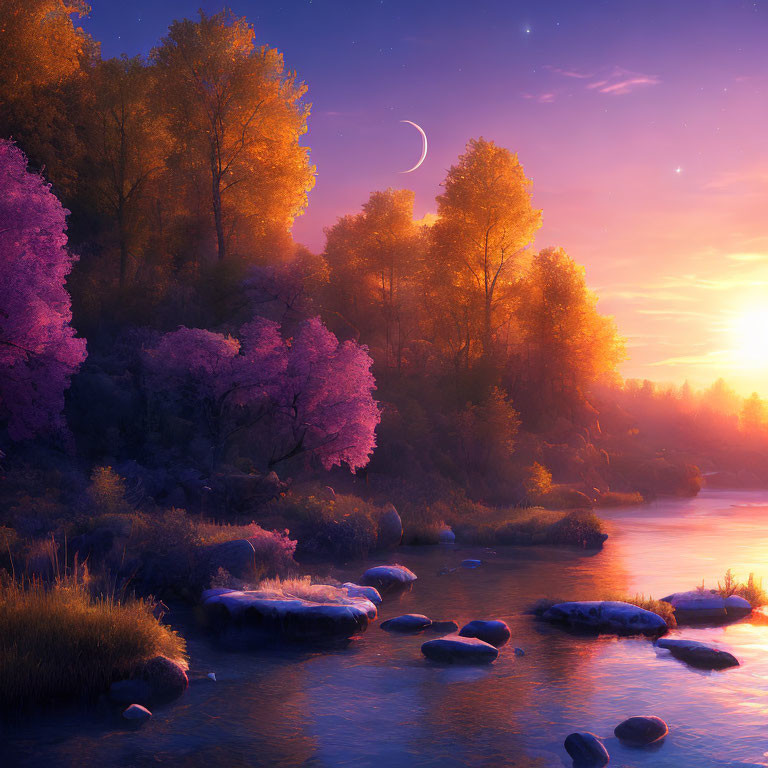 Twilight riverscape with purple and orange foliage, stepping stones, crescent moon