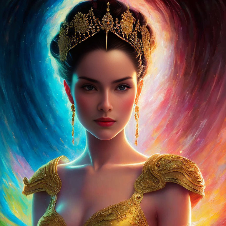 Woman portrait with golden crown and cosmic backdrop.