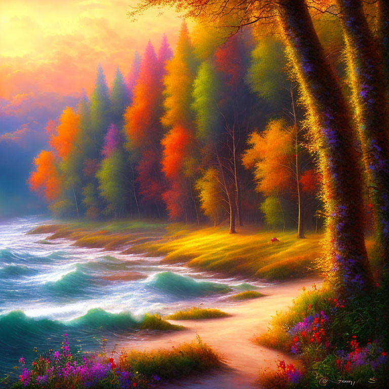 Colorful Autumn Forest and River Scene in Warm Light