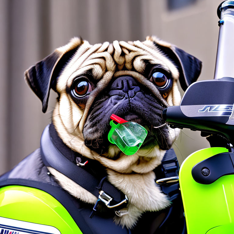 Pug dog with green pacifier beside neon green bike with "JLL" inscription