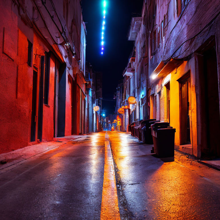 Neon-lit alleyway at night with wet cobblestone path