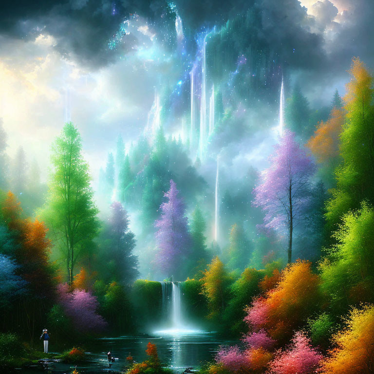 Colorful landscape with waterfall, pond, and northern lights.