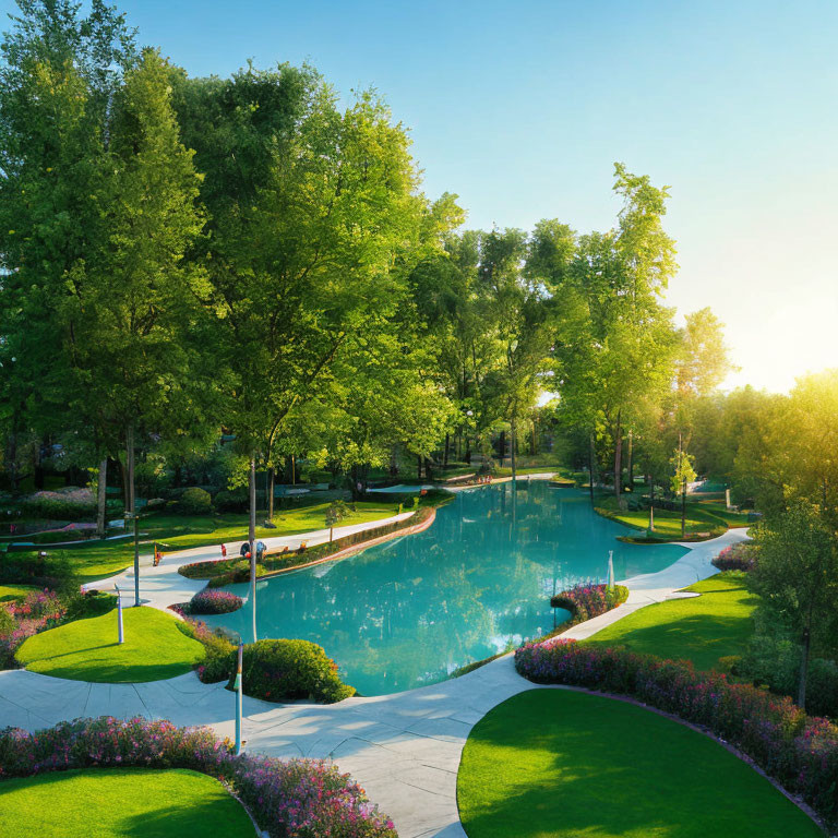 Tranquil Park Scene with Green Trees, Blue Pond, and Flower Beds