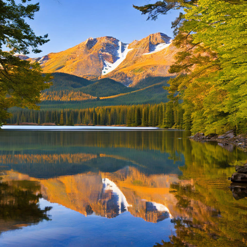 Tranquil lake mirroring autumn forest and mountain range