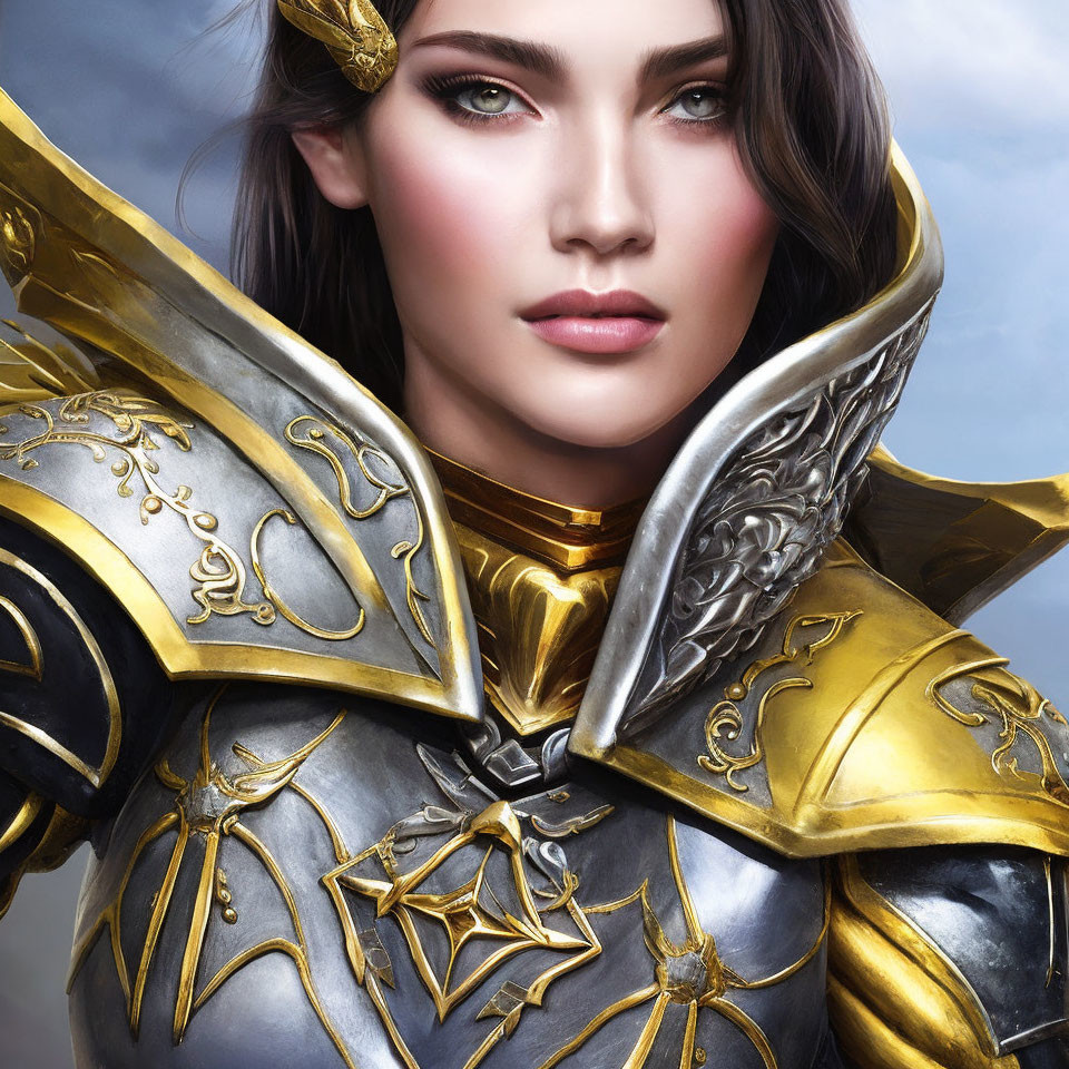 Woman in ornate silver and gold armor against cloudy sky.