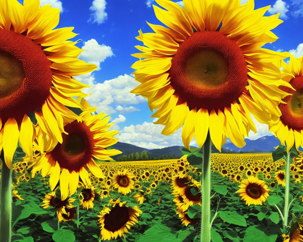 Sunflower Field Under Blue Sky with Mountains View