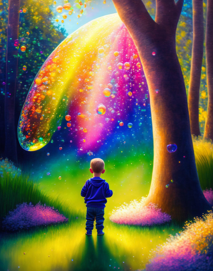 Child in Blue Sweater Observing Colorful Bubble in Sunlit Forest