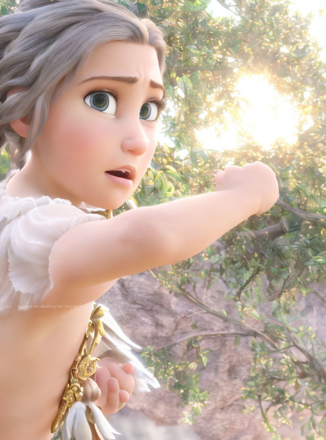 Surprised female 3D character with light hair and large eyes near sunlit tree