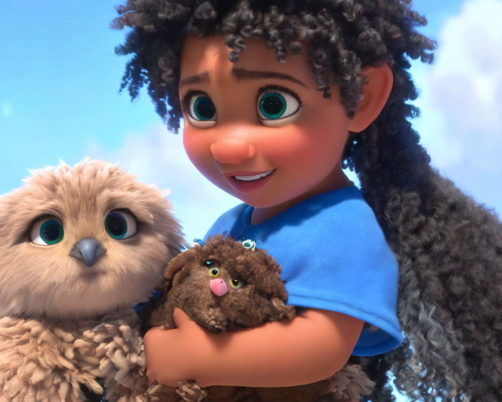 Curly-Haired Girl with Toy Owl Under Blue Sky