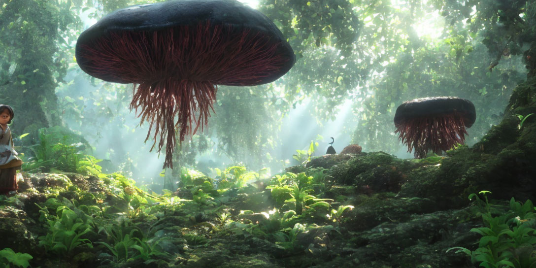 Child sitting on rock in misty forest with oversized mushrooms and rays of light.